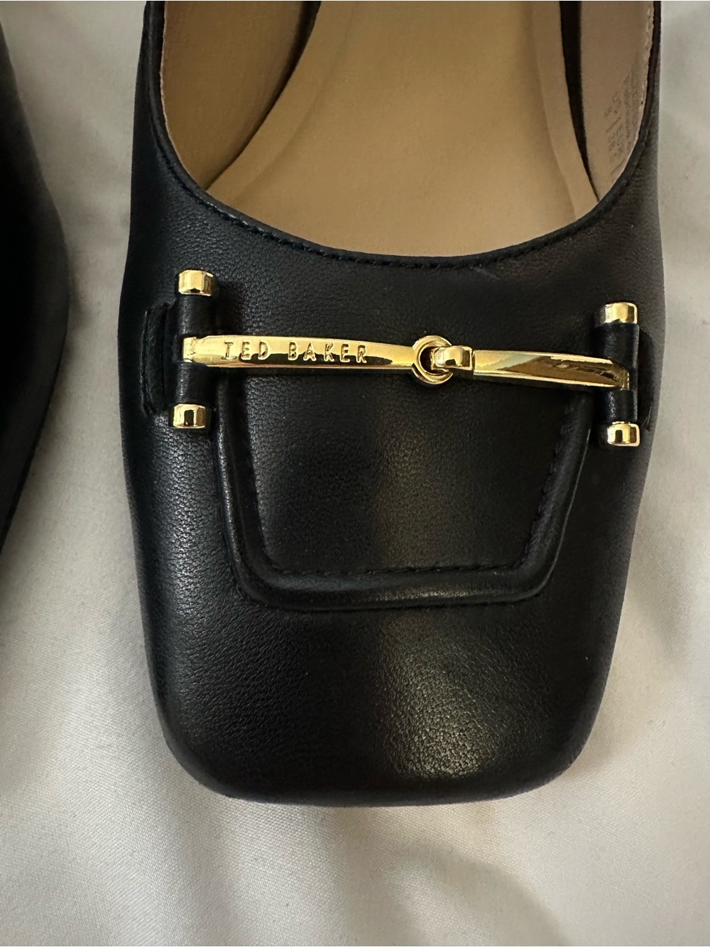 Ted Baker London Black Leather Slingback Block Heels with Gold Accent - Picture 4 of 9